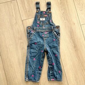 Oshkosh B’Gosh Girls Denim Overalls with Pink Embroidered Heart Accents 18 month